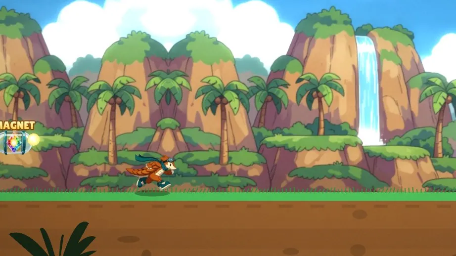 Zeph running past palm-topped cliffs and a waterfall in the Tropical Hills
